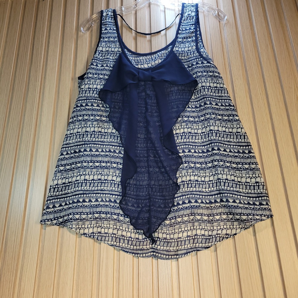 By & By Navy Blue White Geometric Print Bow Back Chiffon Tank Top XL 1085M32
